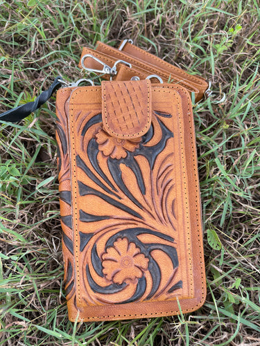 Phone Purse - Wallet - CROWN 👑 Tooled Tan & Black