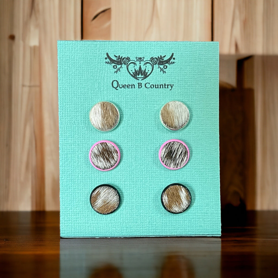 Cowhide Stud Earring 3 Pack