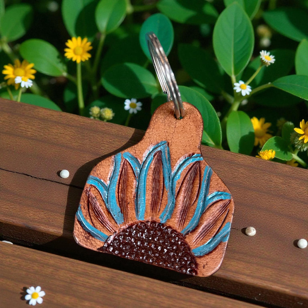 Keyring - Cow Tag - Blue Daisy