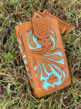 Load image into Gallery viewer, Phone Purse - Wallet - Crown 👑 Tooled Tan &amp; Turquoise