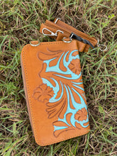 Load image into Gallery viewer, Phone Purse - Wallet - Crown 👑 Tooled Tan &amp; Turquoise