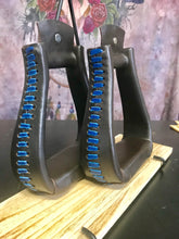 Load image into Gallery viewer, Stirrups - Brown Leather with Blue Leather Stitching