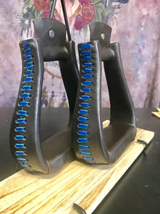Stirrups - Brown Leather with Blue Leather Stitching