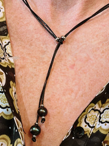 Necklace - ‘Maya’ - Black Leather & Black Pearls