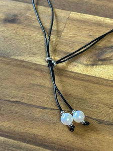 Necklace - ‘Maya’ - Black Leather & White Pearls