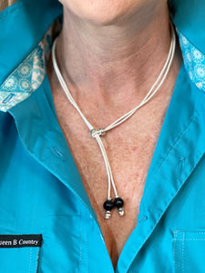 Necklace - ‘Maya’ - White Leather & Black Pearls