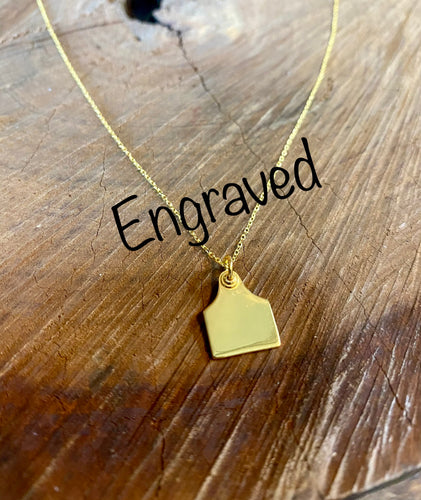AAA - Necklace - Cattle Ear Tag Pendant & Chain - YELLOW GOLD - ENGRAVED