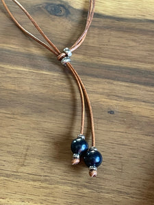 Necklace - ‘Maya’ - Tan Leather & Black Pearls
