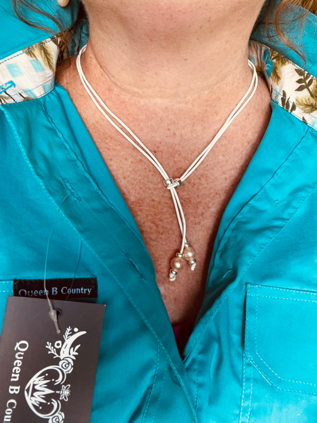 Necklace - ‘Maya’ - White Leather & Pink Pearl