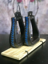 Load image into Gallery viewer, Stirrups - Brown Leather with Blue Leather Stitching