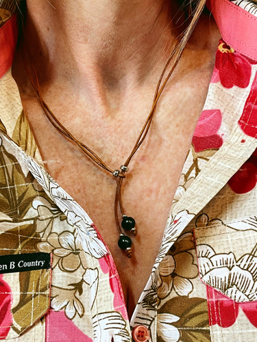 Necklace - ‘Maya’ - Tan Leather & Black Pearls