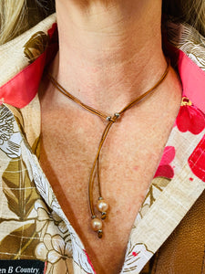 Necklace - ‘Maya’ - Tan Leather & Pink Pearls